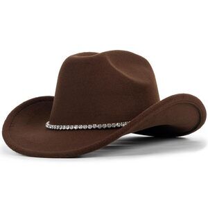 5874 Western Sparkly Rhinestone Cowgirl Hat Rolled Brim Felt Fedora